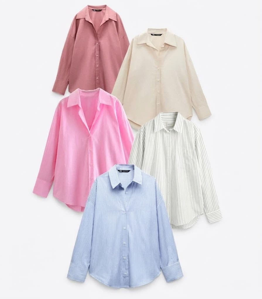 Women's button-up shirts in rose, cream, pink and blue stripes