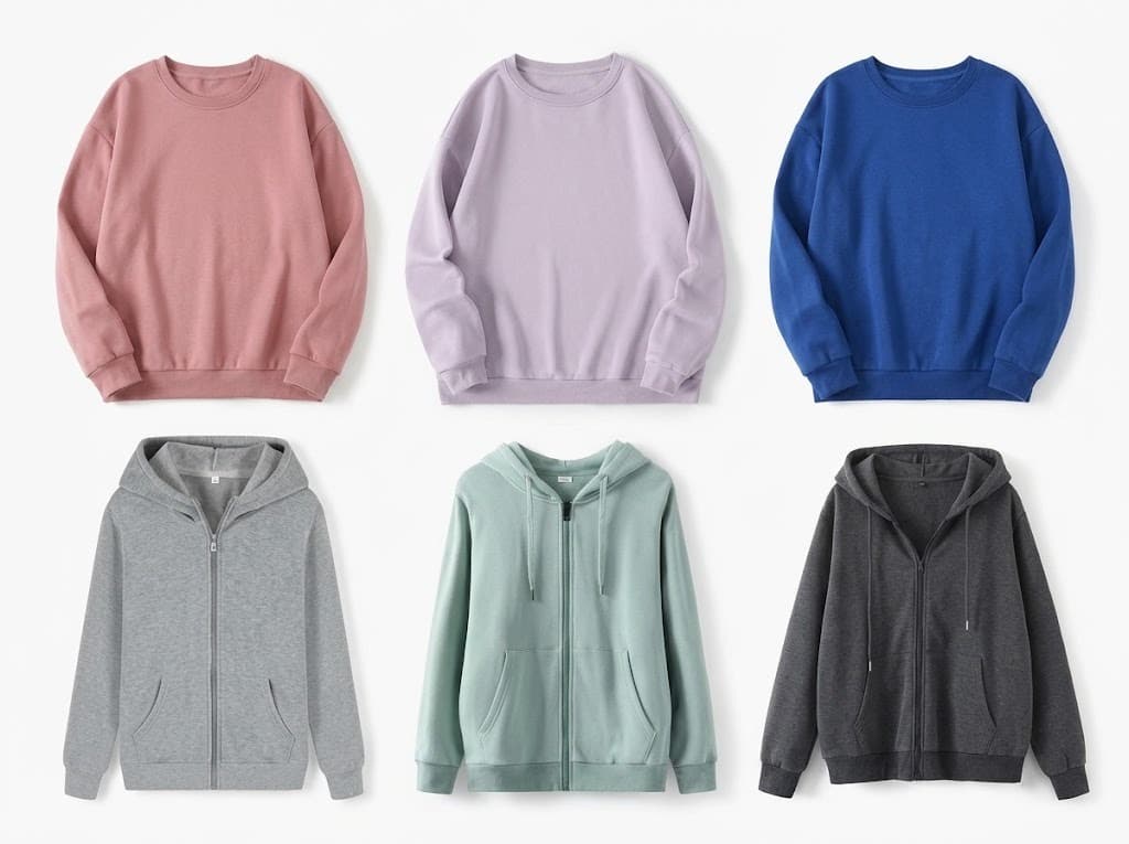 Six women's sweatshirts and zip hoodies in pink, lavender, blue, grey, mint and charcoal