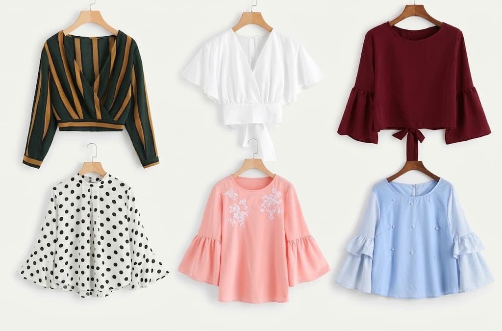 Six women's ruffle and bell-sleeve tops on hangers in green, white, maroon, polka dot, pink and blue